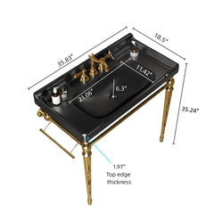 VICI 36" Bathroom Console Sink, Wall-Mounted Black Ceramic Vanity Basin with 3 Pre-drilled Faucet Holes, Freestanding Stainless Steel Support Legs with Towel Bar, No Faucet & Sink Cover, Gold Color