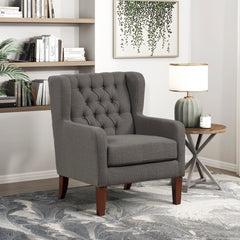 Classic Wingback Accent Chair Dark Gray Upholstered Plush Button-Tufted Luxurious Comfort Living Room Furniture 1pc Solidwood Legs