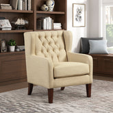Classic Wingback Accent Chair Beige Upholstered Plush Button-Tufted Luxurious Comfort Living Room Furniture 1pc Solidwood Legs