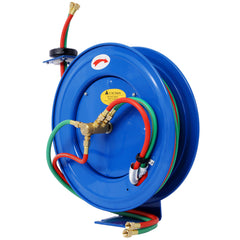 Welding Hose Reel Retractable 1/4 Inch x 50Foot Twin Oxygen Acetylene Rubber Hoses STD Duty Max 200PSI Heavy Duty Industrial Single Arm Construction