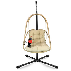 Swing Egg Chair with Stand Indoor Outdoor Wicker Rattan Patio Basket Hanging Chair with C Type bracket , with cushion and pillow,Patio Wicker folding Hanging Chair( Special construction cup holder