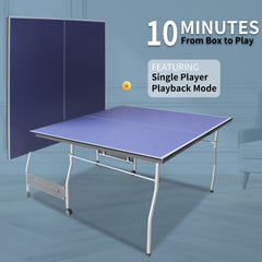 8*4.5ft Mid-Size Table Tennis Table Foldable & Portable Ping Pong Table Set for Indoor Games with Net, 2 Table Tennis Paddles and 3 Balls