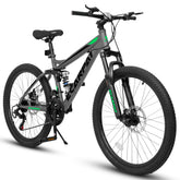 A2460 24 Inch Mountain Bike with Full Suspension, 21 Speed Shifter Lever with Gear Indicator, High Carbon Steel Frame, Mechanical Disc Brakes, Unisex for Men/Women/ Adults, Ideal for Trails.