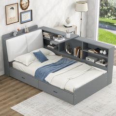 Wood Twin Size platform bed with Storage Headboard, Shelves and 2 Drawers, Gray