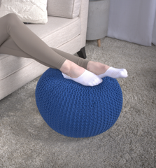 Bordeaux Knitted Cotton Round Pouf, Navy Blue