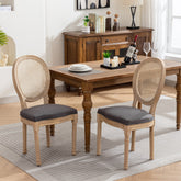A&A Furniture,French Style Solid Wood Frame Antique Painting Linen Fabric Rattan Back Dining Chair,Set of 2,Gray