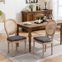 A&A Furniture,French Style Solid Wood Frame Antique Painting Linen Fabric Rattan Back Dining Chair,Set of 2,Gray