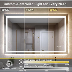 28"*36"LED Bathroom Mirror,Front-Lit and Back-Lit, Stepless Dimmable, 3 Colors CRI90+, Brightness Memory, Shatter-Proof,Anti-fog LED Vanity Mirror, IP44 Waterproof