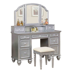 Transitional Style 1pc Vanity w/ Stool Set Knob Handles Storage Drawers 3-Sidded Mirror Silver Finish Bedroom Furniture