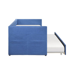 Modern Daybed Pull-out Trundle Side Pockets Blue Upholstery Nailhead Trim Bedroom Living Room Furniture 1pc