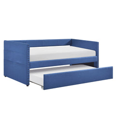 Modern Daybed Pull-out Trundle Side Pockets Blue Upholstery Nailhead Trim Bedroom Living Room Furniture 1pc
