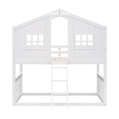 Twin Over Twin House Bunk Bed With Ladder, Wood Bed-White(OLD SKU:LT000184AAK)
