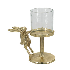 7x4x7.5" Gold Rabbit Pillar Candle Holder with Clear Glass Hurricane Shade