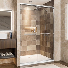 44"-48" W x 72" H Chrome Aluminum Frame Double Sliding Shower Door, 1/4" (6mm) Clear Tempered Glass With Explosion-proof Film, Dual Stainless Steel Handles