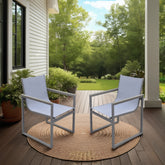 Herra Outdoor Patio Dining Chair in Gray Powder Coated Finish with Gray Sling Textilene and Gray Wood Accent Arms - Set of 2