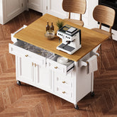 K&K 52'' Kitchen Island with Drop Leaf, Embossed Texture Kitchen Island on Wheels with Spice Rack, Towel Rack, 2 Doors and 5 Drawers, Kitchen Storage Cart with Adjustable Shelf for Kitchen, White