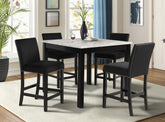 5pc Counter Height Dining Set Square White Faux Marble Table Black Velvet Upholstered Tufted Nail Head Chairs Wooden Leg Dining Room Furniture Black