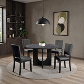 Contemporary Style 5pc Dining Set Kitchen Dinette Dark Gray Upholstered Fabric Chairs Round Table Pedestal Base Table 4x Side Chairs Dining Room