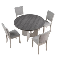 Contemporary Style 5pc Dining Set Kitchen Dinette Gray Upholstered Fabric Chairs Round Table Pedestal Base Table 4x Side Chairs Dining Room