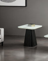 Contemporary Style Square End Table Faux Marble Soft Curved Edges Top Black Finish Primary Living Room