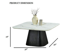 Contemporary Style Square Coffee Table Faux Marble Top Reeded Drum Base Black Finish Primary Living Room