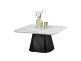 Contemporary Style Square Coffee Table Faux Marble Top Reeded Drum Base Black Finish Primary Living Room