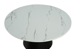 Contemporary Style Round Cocktail Table Faux Marble Top Reeded Drum Base Black Finish Primary Living Room