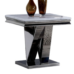 1pc End Table Modern Glam Style 18mm Faux Marble On Top Rectangular V-Shape Pedestal Base Stainless Steel Metal Structure Chroma Finish Coffee Table-Not Included
