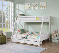Transitional Bunk Bed White Finishing And Underbed Drawers Angled Ladder