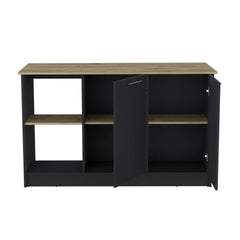 Kitchen Island with Large Countertop, Open Storage Shelves and Double Door Cabinet, Black / Macadamia