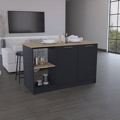 Kitchen Island with Large Countertop, Open Storage Shelves and Double Door Cabinet, Black / Macadamia