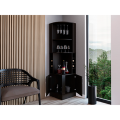 Corner bar cabinet 71" H, with two shelves at the top, 1 glass holder, 8 exterior bottle racks, 1 central shelf and a lower drawer with 2 side doors, black