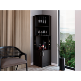 Corner bar cabinet 71" H, with two shelves at the top, 1 glass holder, 8 exterior bottle racks, 1 central shelf and a lower drawer with 2 side doors, black