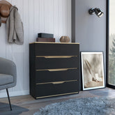 Drawer Dresser 35 inchH, Four Drawers, Superior Top, Black / Light Oak