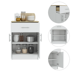 Pantry Organizer Cabinet 33" H, One Drawer, Two Interior Shelves, Two Doors, White/Light Oak