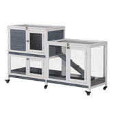 PawHut Wooden Rabbit Hutch Bunny Hutch Elevated Pet House Cage Small Animal Habitat with No Leak Tray Lockable Door Openable Top for Indoor 57.75" x 18" x 32.5" Grey