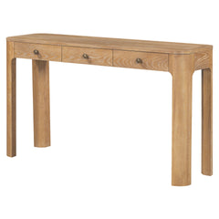 TREXM Rustic Console Table with Curved Corners for Safety, Entryway Table with 3 Concealed Drawers, Sturdy Sofa Table with Thick Legs for Hallway & Living Room (Natural)