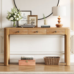 TREXM Rustic Console Table with Curved Corners for Safety, Entryway Table with 3 Concealed Drawers, Sturdy Sofa Table with Thick Legs for Hallway & Living Room (Natural)