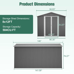 Lockable Secure Metal Shed 8x12 FT - Large Outdoor Storage with Aluminum Frame, Durable Garden Tool Shed for Backyard, Patio, Lawn, Grey