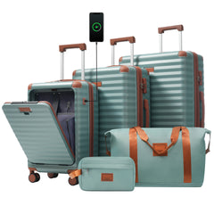 Luggage Sets 5 Piece with Front Opening , Hardside Expandable Carry on Suitcase with Spinner Wheels TSA Lock USB Port Cup Holder Duffel Bag and Toiletry Bag