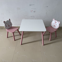Kids Table and Chair Set, 3-Piece Wooden Toddler Desk with Animal Backrest, Activity Table for Drawing, Learning,Playroom or Nursery(Pink&White)