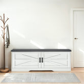 2-Tier Storage Bench, Farmhouse Shoe Bench with Padded Seat Cushion, Entryway Bench with 2 Barn Doors & 2 Adjustable Shelves, 13.75" D x 39.4" W x 17.72" H, for Entryway, Bedroom, Living Room, White