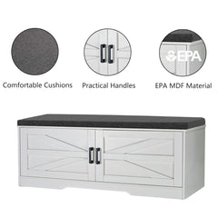 2-Tier Storage Bench, Farmhouse Shoe Bench with Padded Seat Cushion, Entryway Bench with 2 Barn Doors & 2 Adjustable Shelves, 13.75" D x 39.4" W x 17.72" H, for Entryway, Bedroom, Living Room, White