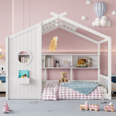 Twin Size Floor House Bed for Toddler, Kids Montessori Bed with Storage Shelf, Playhouse Bed with Roof Design, White