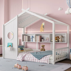 Twin Size Floor House Bed for Toddler, Kids Montessori Bed with Storage Shelf, Playhouse Bed with Roof Design, White