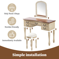 46 inch Vintage Makeup Vanity with Curved Flower Frame Mirror, Elegant Dressing Table with 5 Drawers and Leather Stool, Vanity Desk with Solid Wood Legs and Antique Handles for Bedroom