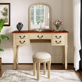 46 inch Vintage Makeup Vanity with Curved Flower Frame Mirror, Elegant Dressing Table with 5 Drawers and Leather Stool, Vanity Desk with Solid Wood Legs and Antique Handles for Bedroom
