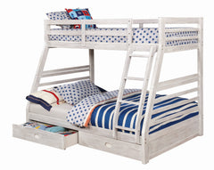 Twin Over Full Transitional Bunk Bed With Two Large Drawers Attached Ladder Wire-Brushed White