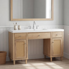 60 Inch Bathroom Vanity with SMC Sink, Modern Spacious Bathroom Storage Cabinet with Soft Close Drawers and Tip-Out Tray, Solid Wood Legs and Silver Metal Knobs, Wood Color