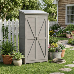 Outdoor Wooden Storage Shed with Metal Top Tall Vertical Tool Cabinet for Backyard Garden Patio Lawn